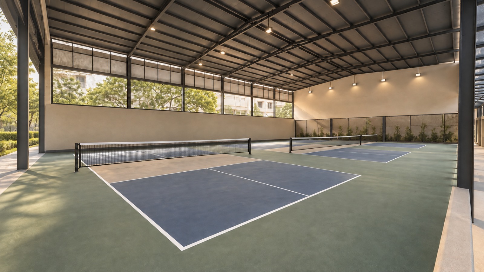 A court up close: net, lines and the roof above