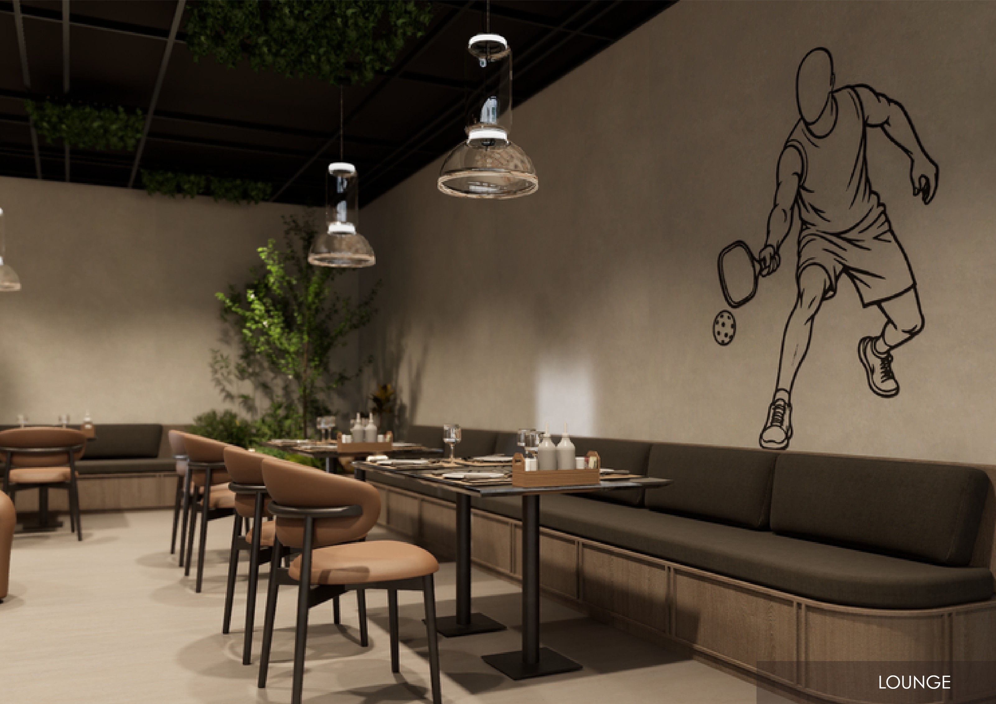 The Pavilion lounge with the pickleball mural