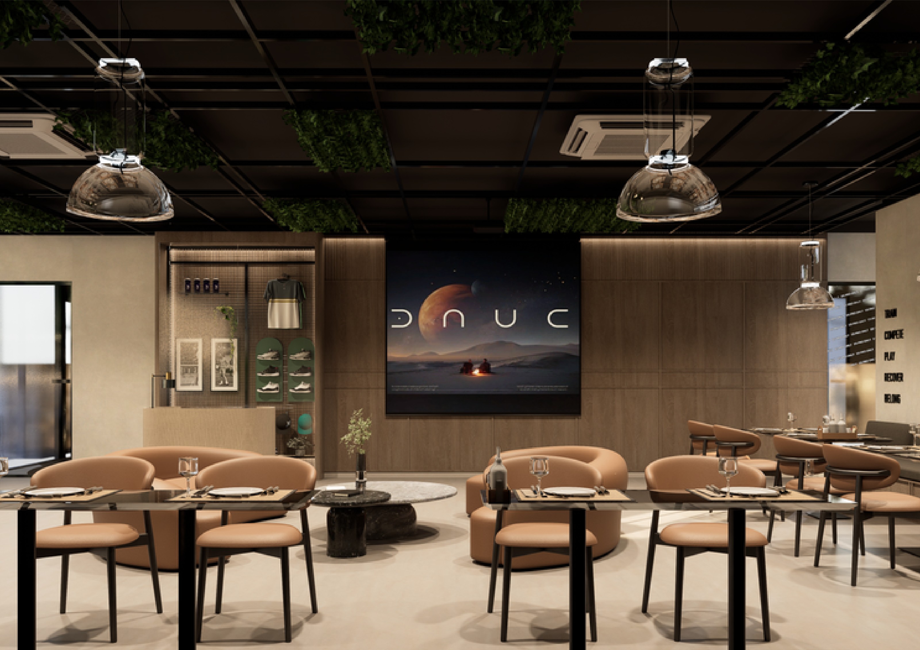 Rally and Brew, the club café, tables set under pendant lights