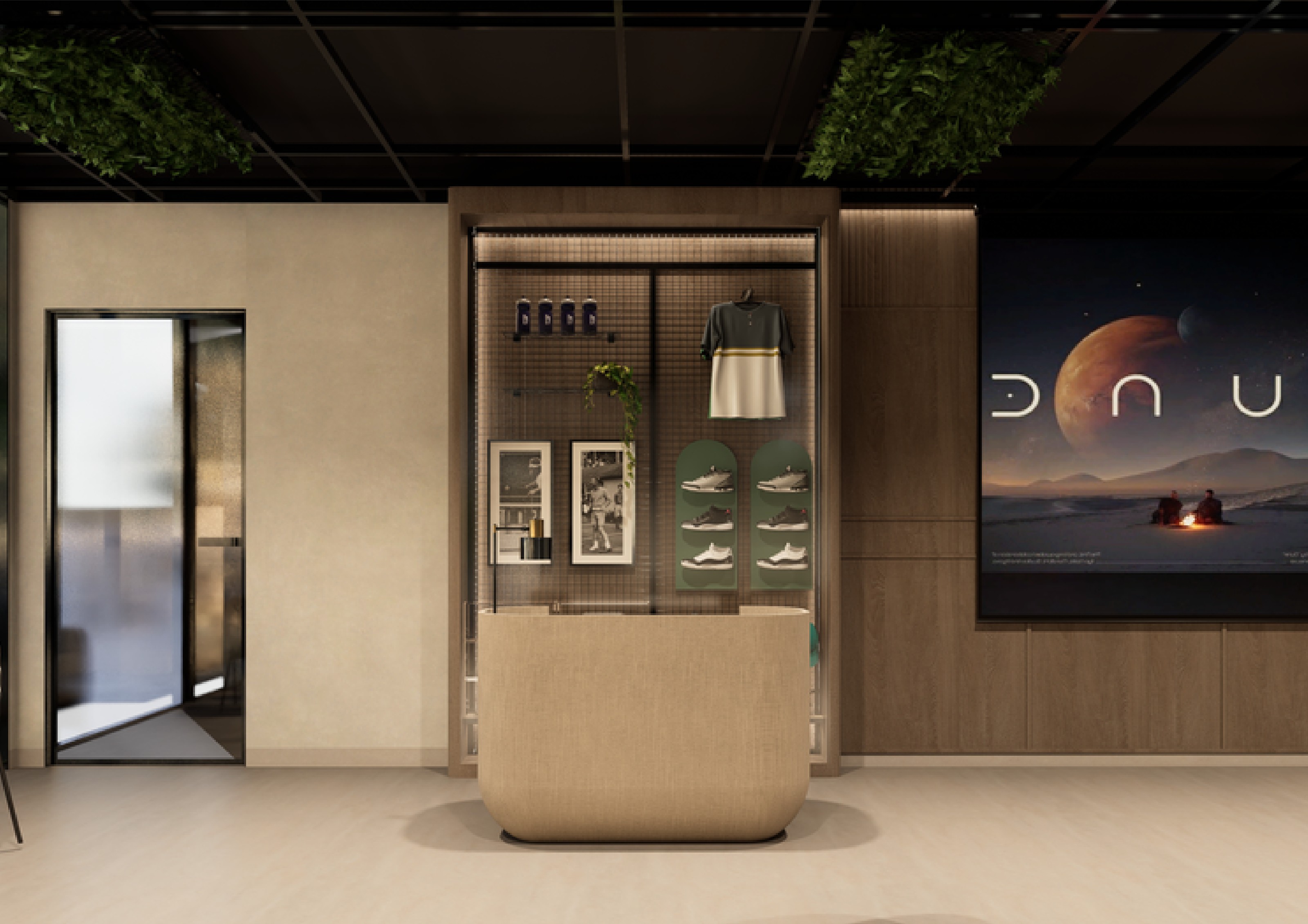The reception desk and the club shop wall